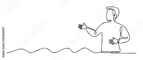 A minimalist continuous line drawing of a person gesturing and communicating, suitable for business presentations, marketing materials, or abstract educational visuals