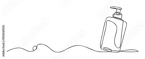 Continuous line drawing of a sleek liquid soap or hand sanitizer dispenser bottle with a pump, symbolizing cleanliness and personal care, perfect for health and wellness promotions.