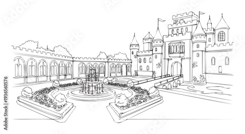 Detailed black and white line drawing of a majestic castle courtyard with a grand fountain and lush gardens, perfect for historical education materials or childrens creative projects