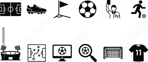Soccer icons collection featuring ball, cleats, stadium, referee, tactical board, jersey, goalpost, and digital elements for sports design, football strategy, and fan engagement illustration