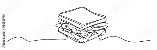 Simple continuous line drawing depicting a delicious multilayered sandwich with bread and fillings, suitable for culinary blogs, food packaging, or restaurant menus