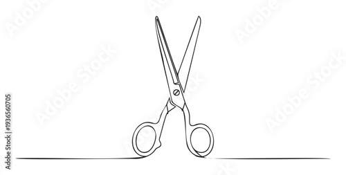 Abstract single line illustration of scissors with open blades, representing creativity and precision, suitable for workshop materials or digital marketing assets