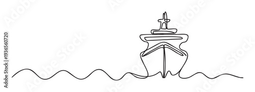 Continuous single line drawing of a powerful naval warship sailing on wavy ocean water, perfect for maritime industry presentations, travel agency promotions, or military themed graphics