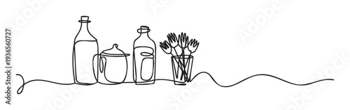 Continuous line drawing depicting various kitchen utensils and bottles in a minimalist style, perfect for culinary and home decor themes, creating a modern and simple aesthetic for
