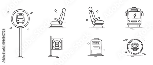 Simple outline public transport icons set including bus stop signs, ergonomic vehicle seats, an electric bus, a classic mailbox, and a tire for user interface and mobile application design