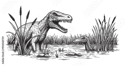 Dynamic prehistoric wetland scene featuring an enormous dinosaur wading through a reedy swamp with another reptile submerged in water, perfect for educational content and ancient history