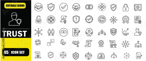 Trust Outline Icon Set, Reliability, Security, Partnership, Confidence, Integrity, Editable Line Vector Illustration for Web and App