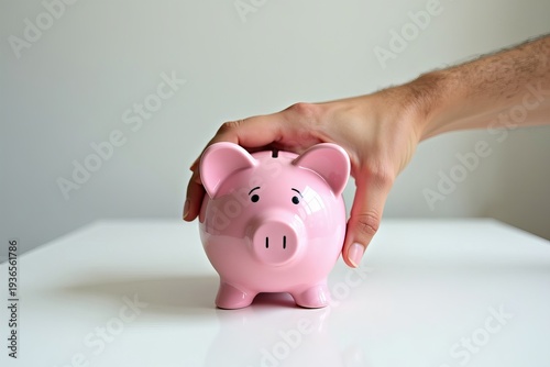 Close-up Image of a Hand Protectively Shielding a Pink Piggy Bank on a White Desk, Symbolizing Financial Security