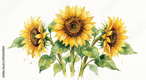 Bright Sunflower Cluster Watercolor Botanical Illustration