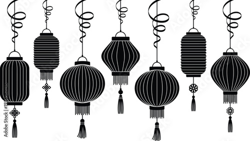 Traditional Chinese lanterns hanging in a row with decorative tassels, knots, crescent moons, and intricate festival designs symbolizing culture, celebration, heritage, and artistry illustration