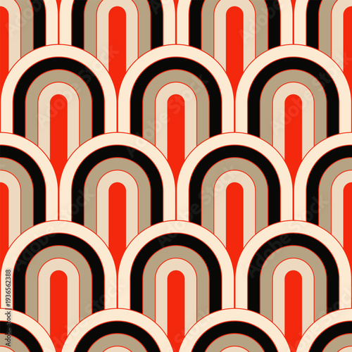 seamless tile pattern art deco style in retro shades, orange grey ivory black with waves of concentric curves