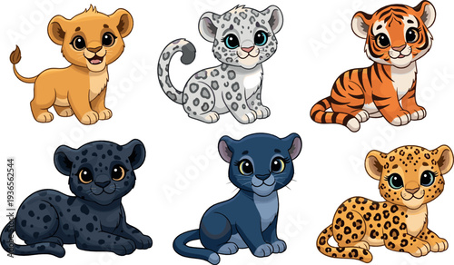 Cute wild cat cubs cartoon vector illustration set with lion tiger leopard panther and snow leopard baby animals