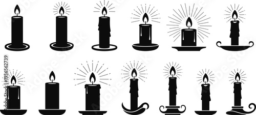 Vector silhouette collection of burning candles in various holders featuring wax pillars with shining flames and glowing light rays isolated on white background for spiritual design