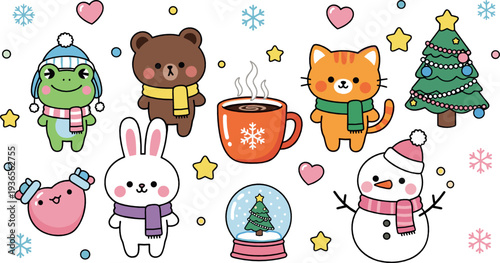 Cute winter animals and Christmas elements flat vector illustration with snowman hot cocoa tree stars and festive decorations