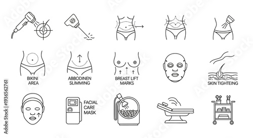 Cosmetic surgery and beauty treatment icons showing body contouring and skin rejuvenation procedures