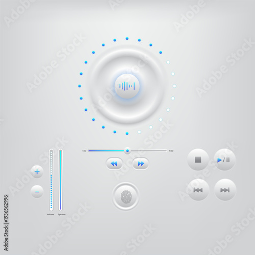 Modern smart home audio controller buttons, white flat design icons for sound system and media playback.