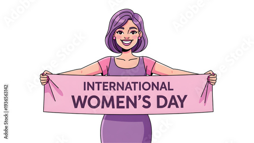 Smiling woman celebrating International Women's Day with pink banner