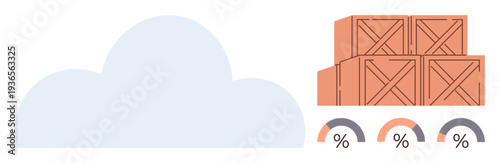 Logistics, supply chain, cloud storage, inventory tracking, data analytics, warehouse management. Wooden crates stacked beside analytics graphs. Cloud storage and analytics in logistics