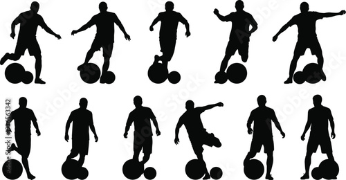 Vector silhouette collection of professional soccer players featuring various action poses including dribbling with a ball passing shooting and athletic movement isolated on white background
