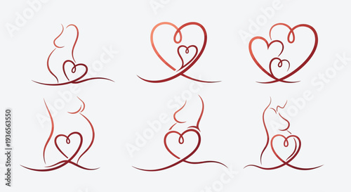 Elegant line art illustrations of pregnant women embracing their growing baby with love.