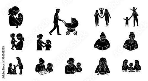 Title:
Family life silhouette icons set with parents, children, baby stroller, parenting activities and family interactions, black silhouette family concept illustration
