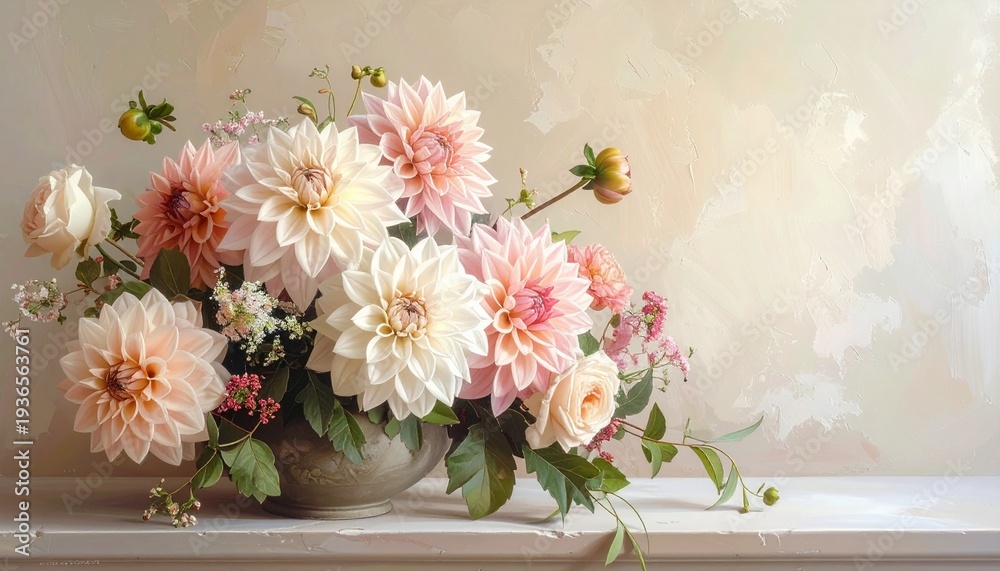 Obraz premium Floral arrangement of dahlias and roses in a vase on a shelf against a neutral background elegant and refined.