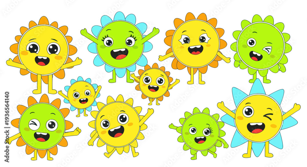 Obraz premium Cute Cartoon Suns Characters, Happy Faces, Waving, Playful, Sunny Weather