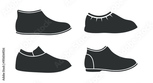 Four black shoe outlines displayed against a white background silhouette