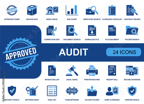 Audit icon set. Containing approved stamp, contract review, bank check, bar chart, document search, receipt, invoice, gavel, secure database, shield and more. Solid fill icons collection.