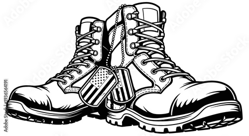 Military Combat Boots with Dog Tags Featuring American Flag - Black and White Illustration