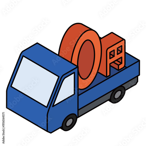 円ロゴを運ぶトラックのアイソメトリックイラスト