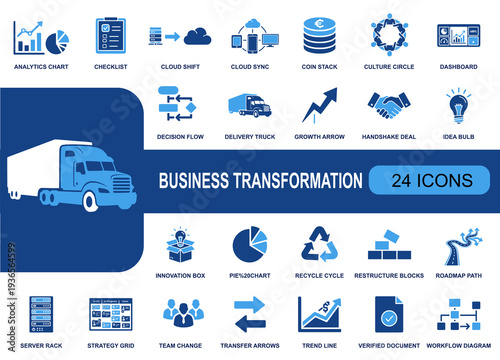 Business transformation icon set. Containing analytics, dashboard, cloud migration, workflow, strategy, restructure, roadmap, team change, trend line and more. Solid fill icons collection.
