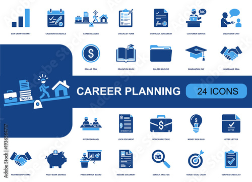 Career planning icon set. Containing resume, interview, offer letter, graduation cap, growth chart, checklist, contract, career ladder, goal target and more. Solid fill icons collection.
