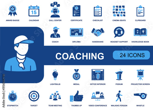 Coaching icon set. Containing certificate, checklist, calendar, headset support, handshake, target, team meeting, podium, projector, whistle and more. Solid fill vector icons collection.