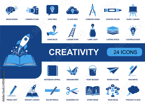 Creativity icon set. Containing brain spark, lightbulb idea, chat idea, cloud idea, camera flash, compass, crayon, easel, paint bucket and more. Solid fill icons collection.