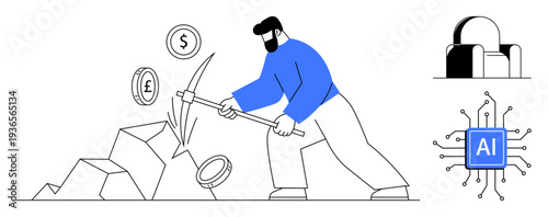 Cryptocurrency, digital economy, blockchain technology, financial mining, AI integration, future finance. A man mining coins, AI chip and an industrial building. Cryptocurrency and digital economy