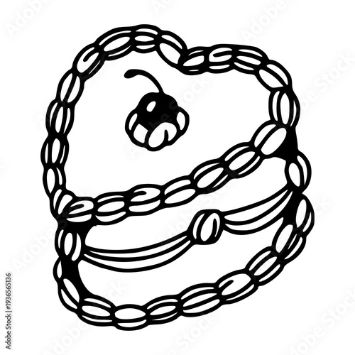 heart shaped vintage cake line art with cherry topper