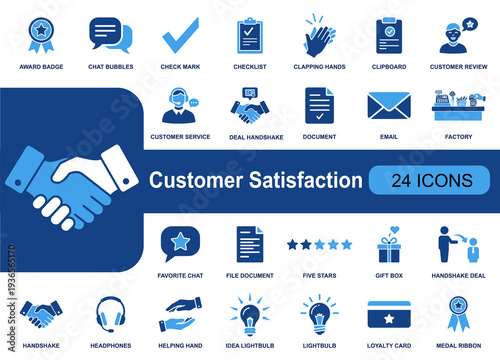 Customer satisfaction icon set. Containing review, rating, five stars, support headset, handshake, chat, loyalty card, gift box, checklist and more. Solid fill vector icons collection.
