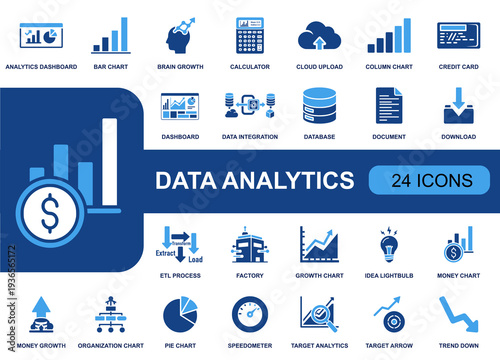 Data analytics icon set. Containing dashboard, bar chart, ETL process, database, cloud upload, data integration, KPI, target analytics, trends, finance and more. Solid fill icons collection.