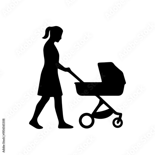 Woman pushing baby carriage representing motherhood and parenting