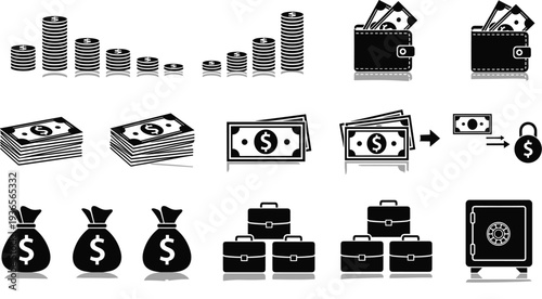 Collection of Icons Representing Money, Finance, and Wealth dollar