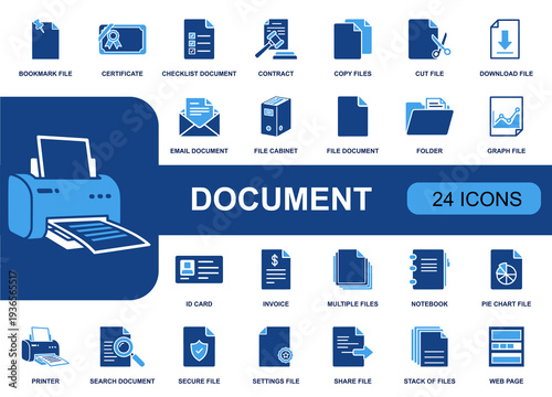 Document icon set. Containing file, folder, certificate, contract, checklist, invoice, ID card, email document, download, share, secure file and more. Solid fill vector icons collection.
