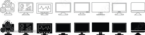 Various computer screen silhouettes and line icons representing diverse monitor hardware designs