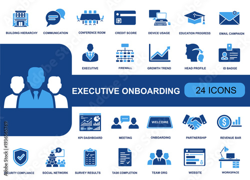 Executive onboarding icon set. Containing KPI dashboard, org chart, meeting schedule, ID badge, compliance, email metrics, traffic heatmap and more. Solid fill vector icons collection.