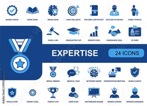 Expertise icon set. Containing badge check, diploma, doctor, law gavel, graduation cap, target, trophy, presentation, whiteboard, verified shield and more. Solid vector icons collection.