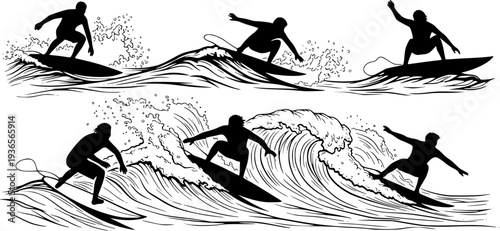 Dynamic Surfer Silhouette Set - Extreme Water Sport, Ocean Wave and Surfboard Action Vector