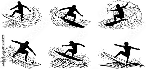 Dynamic Surfer Silhouette Set - Extreme Water Sport, Ocean Wave and Surfboard Action Vector