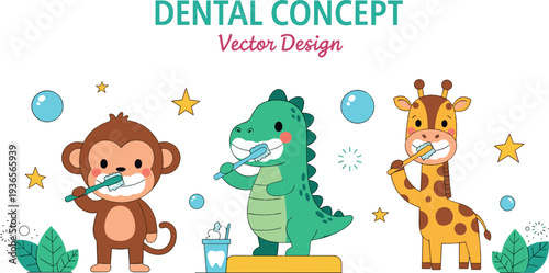 Dental hygiene concept cartoon vector illustration with cute monkey dinosaur and giraffe brushing teeth for kids design