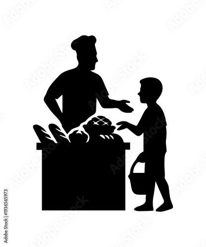 Baker selling fresh bread to a young boy