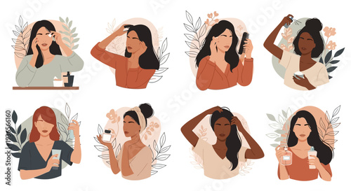 Diverse women applying skincare and hair products with natural elements